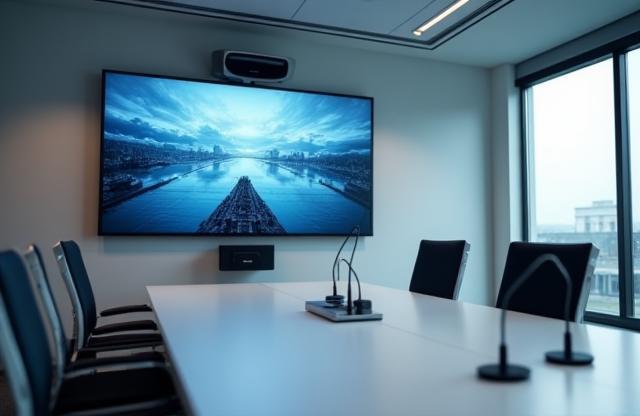 High-tech corporate meeting room with integrated audio visual system