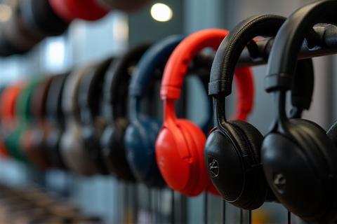 A close-up view of several models of high-end headphones on a display stand