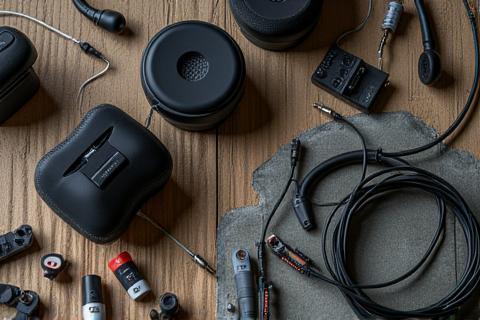 An artistic arrangement showcasing various audio products like headphones and cables