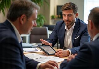 Two people discussing audio equipment options during a consultation