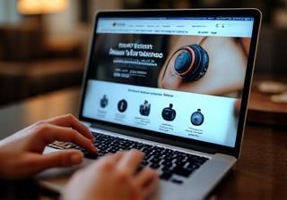 Person browsing a website with audio products on a laptop