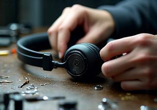 Technician's hands working on repairing headphones on a workbench