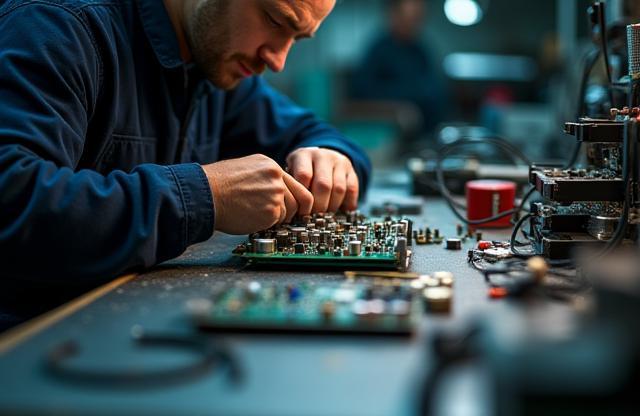 A technician meticulously working on audio equipment at a service bench